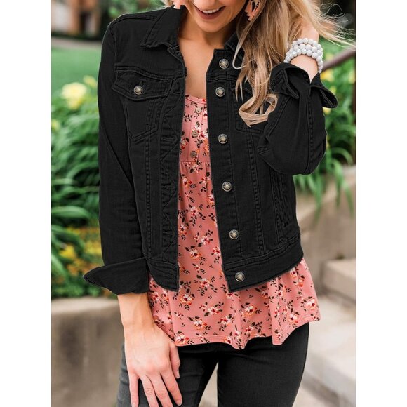 Women's Button Down Stretch Fitted Long Sleeves Denim Jean Jacket Always Black - Picture 7 of 8